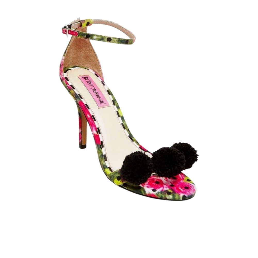 Betsey Johnson floral print heels black pom poms pink black green size 7B